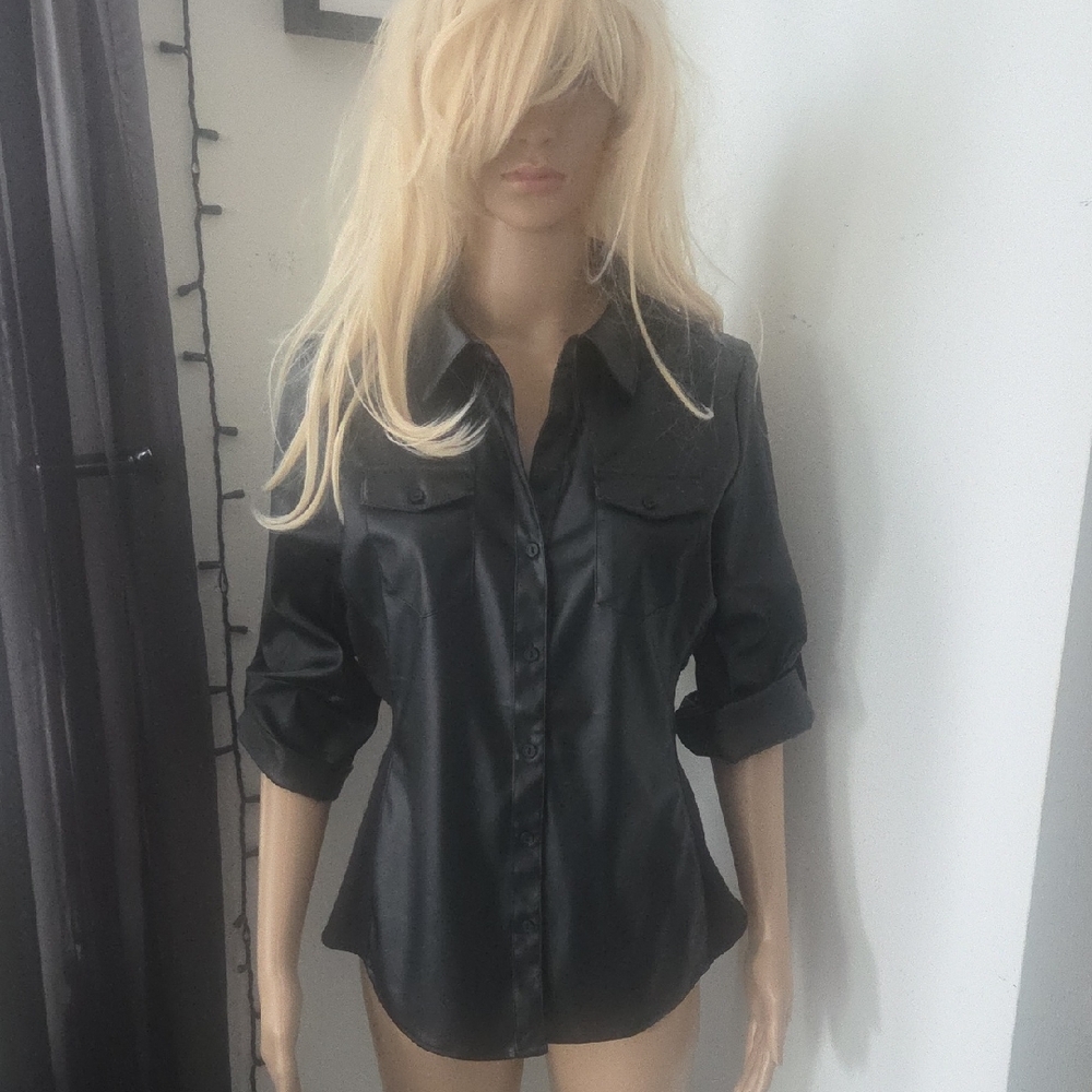 Ciso Black Faux Leather Button-Front Shirt